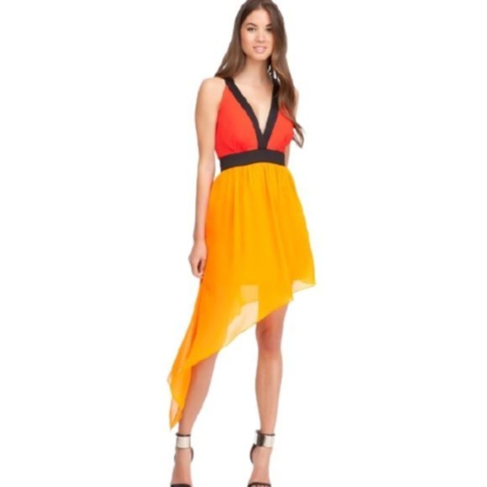 BeBe Asymmetric Hem Color Block Orange Dress M